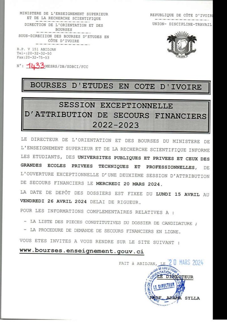 Session exceptionnelle d attribution de secours financiers en Côte d